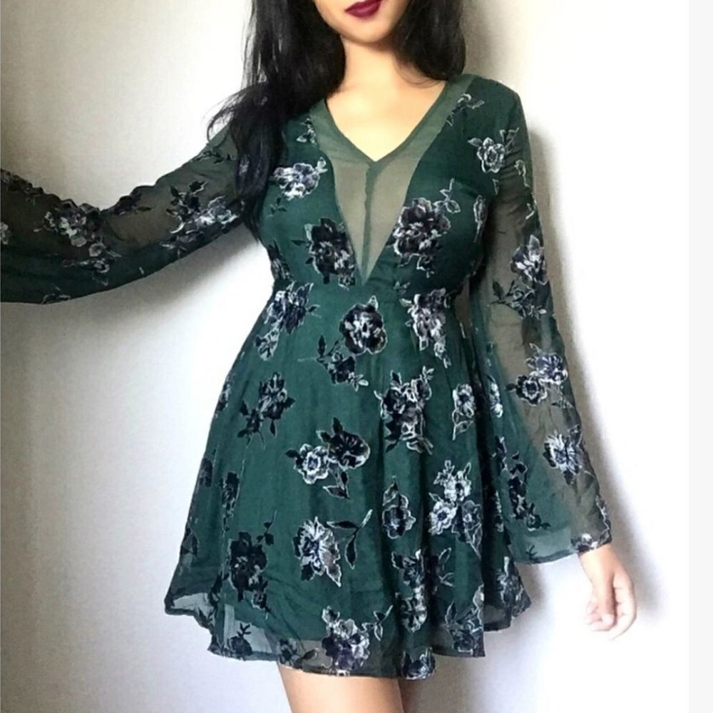 J.O.A. Los Angeles Green Floral Dress with bell sleeve and sheer insets